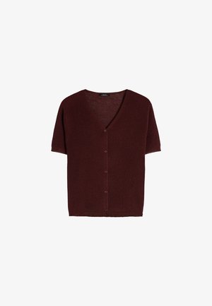 Krótki rękaw sweter z guzikami w ciemnym burgundzie, z dekoltem w serek i prostym dołem.