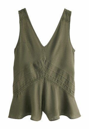 Ärmelloses olivgrünes Leinenoberteil mit V-Ausschnitt, dekorativen Nähten und ausgestelltem Saumdetail.