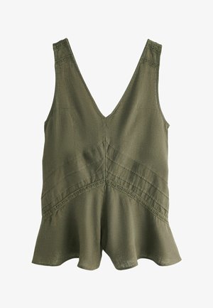 Bezrekawnik z oliwkowej zieleni, wykonany z lnu, z dekoltem w serek, ozdobnym przeszyciem i rozkloszowanym dołem.