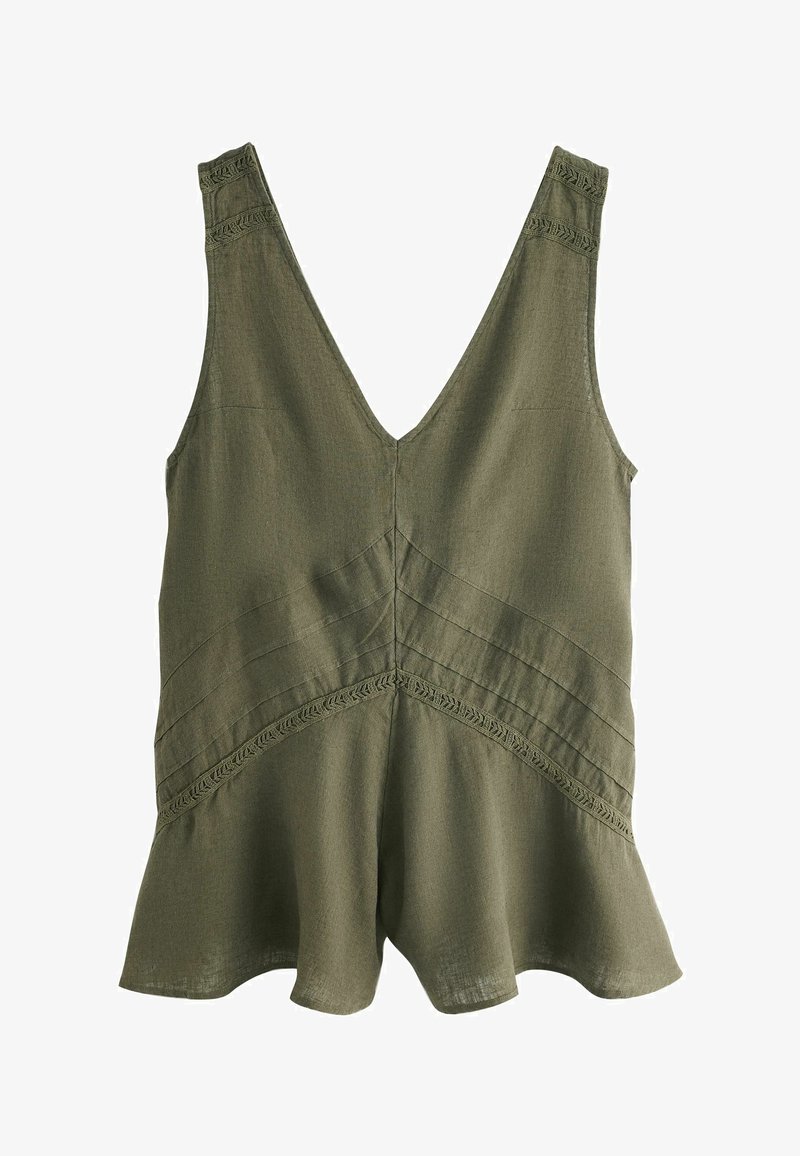 Haut sans manches en lin vert olive avec col en V, coutures décoratives et détail de ourlet évasé.