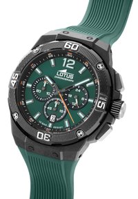 Orologio cronografo verde con una lunetta nera testurizzata e un cinturino in gomma verde rigata. Presenta indicatori luminescenti e subdials. Impermeabile.