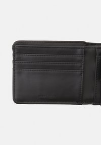 Black leather wallet with multiple card slots, neat stitching, and embossed logo. Smooth texture and rectangular shape.