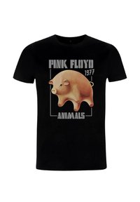 Černé bavlněné tričko s velkým potiskem růžové prase, textem "PINK FLOYD 1977 ANIMALS" a obdélníkovým rámečkem kolem designu.
