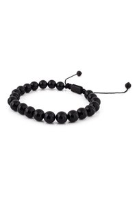 Brăță din mărgele negre cu mărgele rotunde lucioase, cord elastic ajustabil și un închizător dreptunghiular negru pentru o închidere sigură.