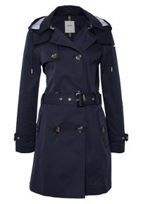 Granatowy podwójny płaszcz trench z zapięciem na guziki, paskiem w talii, pagonami na ramionach i w paski podszewką kaptura.