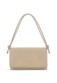 Beżowa skórzana torebka o prostokątnym kształcie, z wiązanym paskiem na ramię i złotymi akcentami metalowymi. Gładka faktura i minimalistyczny design.