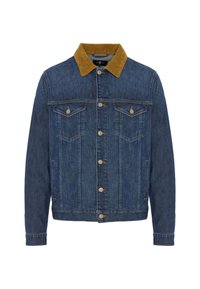 Giubbotto di jeans blu scuro con colletto in velluto a coste marrone. Presenta due tasche sul petto, chiusure a pulsante e dettagli di cucitura a contrasto.