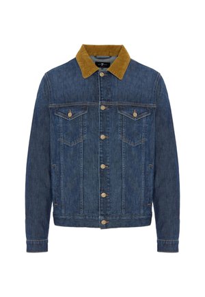 Jeansjacke in Dunkelblau mit einem braunen Cordkragen. Sie verfügt über zwei Brusttaschen, Knopfverschlüsse und kontrastierende Nähtdetails.