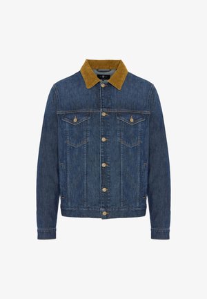 Jeansjacke in Dunkelblau mit einem braunen Cordkragen. Sie verfügt über zwei Brusttaschen, Knopfverschlüsse und kontrastierende Nähtdetails.