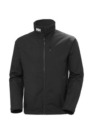 Schwarze Reißverschlussjacke mit hohem Kragen, Reißverschluss an der Brusttasche und weißem "HH"-Logo auf dem Kragen vor weißem Hintergrund.