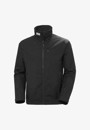 Giacca nera con cerniera frontale, collo alto, taschino con cerniera sul petto e logo bianco "HH" sul collo, sfondo bianco.