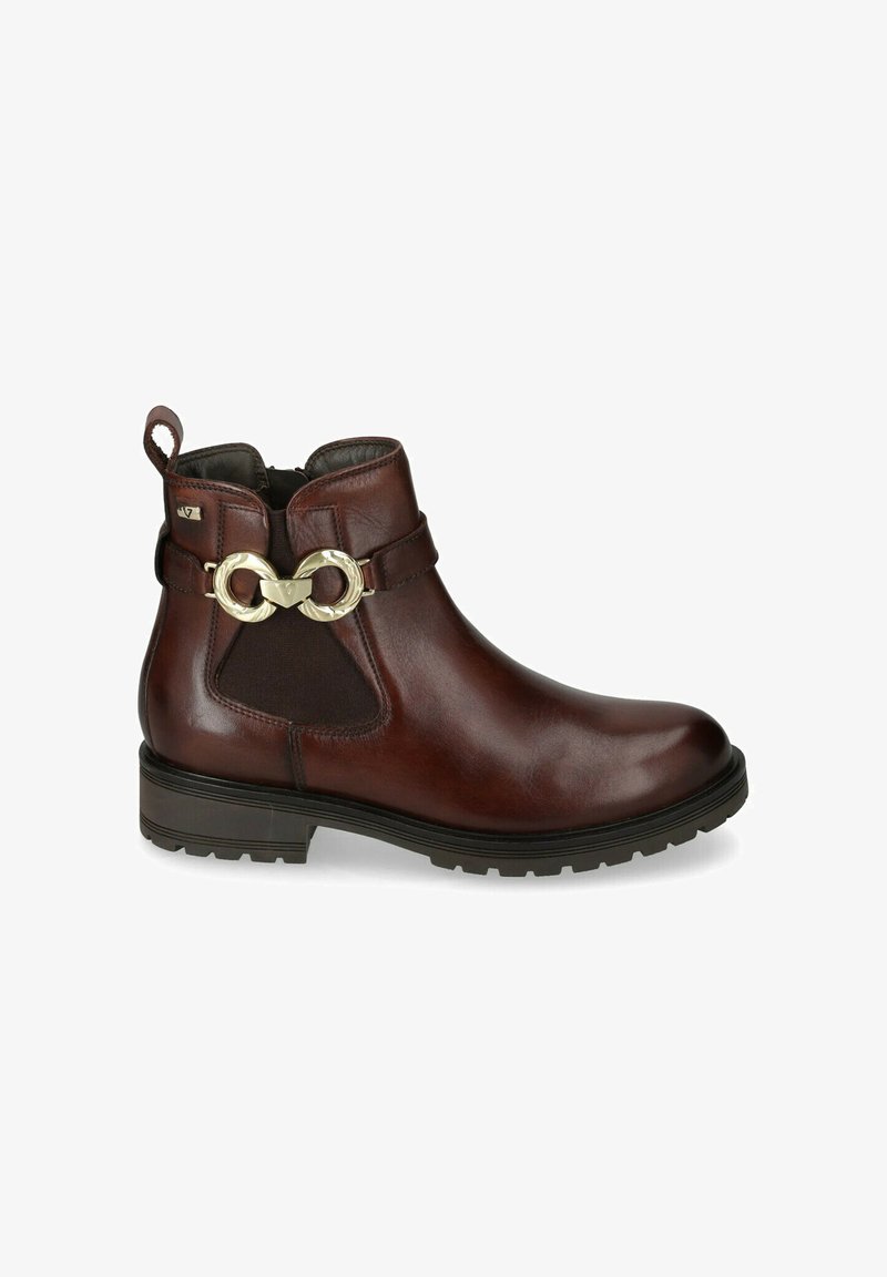 Stivale alla caviglia in pelle marrone con pannelli laterali elasticizzati, dettagli in metallo dorato, punta rotonda e suola nera strutturata.