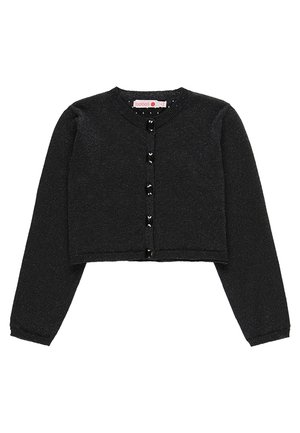 Cardigan nero corto realizzato in tessuto a maglia. Presenta un collo rotondo, maniche lunghe e sei bottoni neri sul davanti.