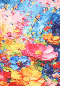 Żywy, kwiatowy wzór z różowymi, żółtymi, niebieskimi i pomarańczowymi kwiatami na niebieskim tle. Charakteryzuje się grubymi, teksturowanymi pociągnięciami pędzla.