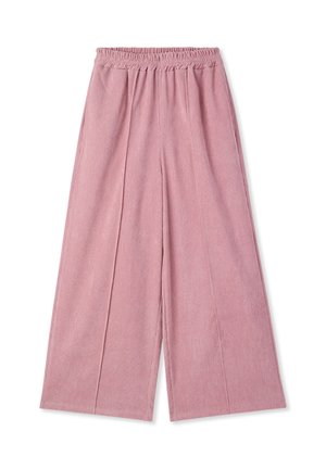 Pantaloni a gamba larga rosa con cintura elastica, realizzati in un tessuto testurizzato e dotati di due pieghe frontali per una maggiore struttura.