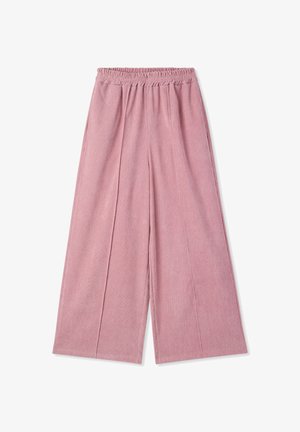 Pantaloni a gamba larga rosa con cintura elastica, realizzati in un tessuto testurizzato e dotati di due pieghe frontali per una maggiore struttura.