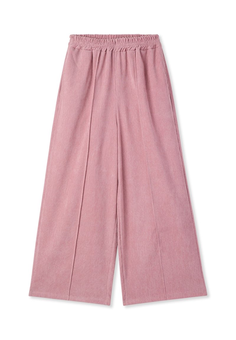 Pantaloni a gamba larga rosa con cintura elastica, realizzati in un tessuto testurizzato e dotati di due pieghe frontali per una maggiore struttura.