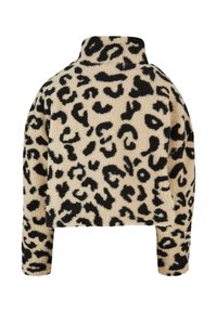 Beige-schwarze Fleecjacke mit Leopardenmuster, langen Ärmeln und hohem Kragen, von hinten gezeigt.