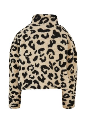 Beeži ja musta leopardimustriga fliisjakkk, pikkade varrukate ja kõrge kraega, näidatud tagant.
