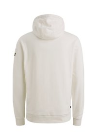 Mikina s kapucňou v off-white farbe, so soft textúrou, dlhými rukávmi, rebrovanými manžetami a malým logom na ľavom rukáve.