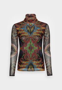 Long-sleeve turtleneck top made of sheer black material featuring a colorful, intricate pattern with swirls and shapes in red, blue, and green.