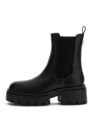 Stivaletti Chelsea neri con suola platform spessa, pannelli laterali elasticizzati e linguetta. Finitura in pelle liscia con design della punta arrotondata.