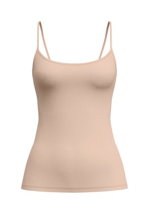 Hellbeige Cami mit dünnen Trägern, einer glatten Oberfläche und einer taillierten Passform, hergestellt aus einem weichen, elastischen Material.