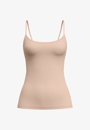 Hellbeige Cami mit dünnen Trägern, einer glatten Oberfläche und einer taillierten Passform, hergestellt aus einem weichen, elastischen Material.