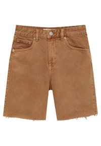 Shorts en denim marron avec un ourlet effiloché, un design à cinq poches et de subtils accents métalliques cuivrés. Coupe classique avec une taille mi-haute.
