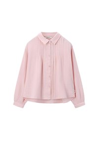 Light pink button-up shirt made of textured fabric, featuring a collar, pleats, and long sleeves with buttoned cuffs.