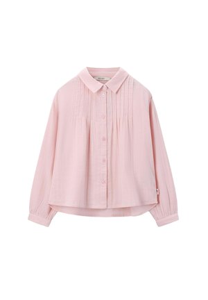 Lichtroze button-up shirt gemaakt van een textuurstof, met een kraag, plooien, en lange mouwen met knoopmanchetten.