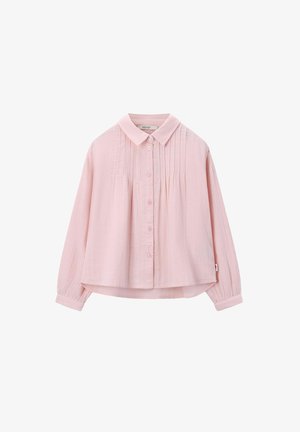 Light pink button-up shirt made of textured fabric, featuring a collar, pleats, and long sleeves with buttoned cuffs.