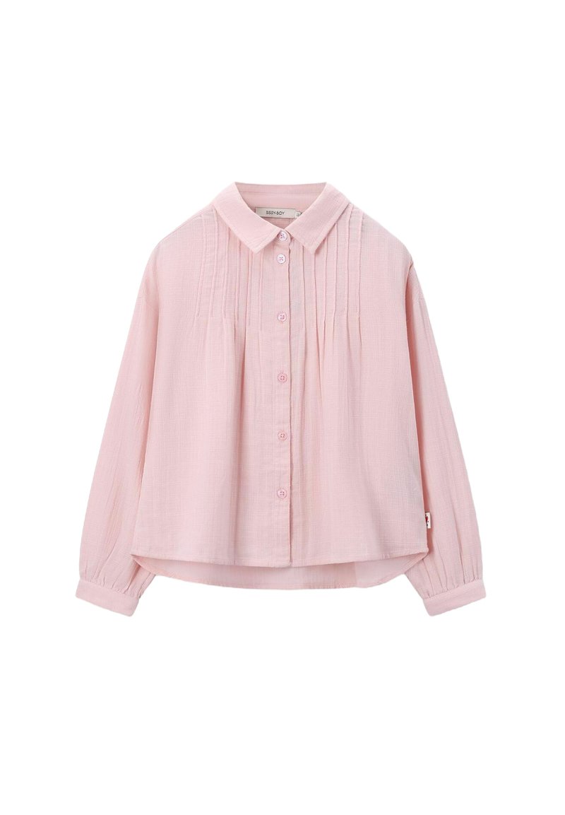 Light pink button-up shirt made of textured fabric, featuring a collar, pleats, and long sleeves with buttoned cuffs.