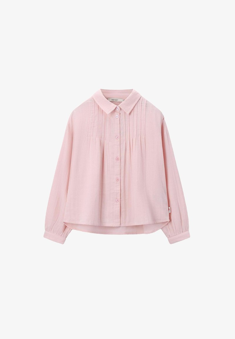 Light pink button-up shirt made of textured fabric, featuring a collar, pleats, and long sleeves with buttoned cuffs.