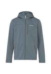 Veste légère en softshell grise avec capuche. Elle possède une fermeture éclair à l'avant, deux poches latérales et une poche poitrine zippée.