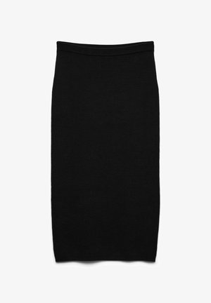 Sort blyantskørt lavet af blødt strikstof. Har en høj talje og en tætsiddende silhuet med en glat tekstur. Ingen mønstre eller detaljer.