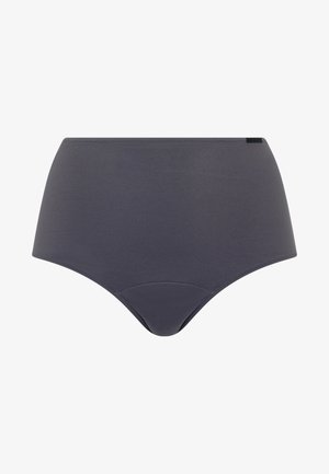 Augsta vidukļa apakšveļa tumši pelēkā krāsā ar gludu tekstūru, ar pastiprinātu priekšējo paneli un bez redzamām šuvēm, nodrošinot bezšuvju izskatu.