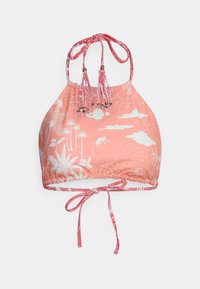 Top de bikini tipo halter com padrão de coral, alças ajustáveis, tecido franzido e designs tropicais brancos apresentando folhagens e animais.