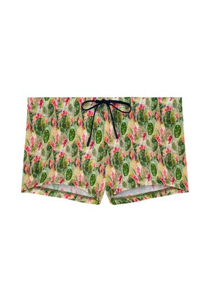 Herren-Badehose mit grünem und beigem Kaktusmuster und kleinen roten Blumen, mit schwarzem Kordelzug in der Taille.
