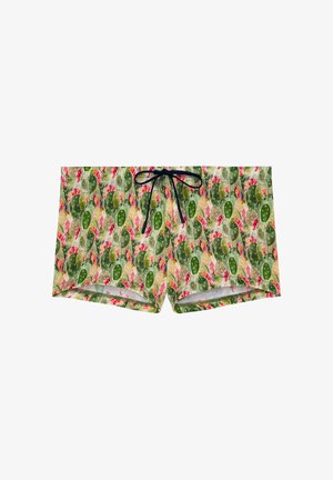 Herren-Badehose mit grünem und beigem Kaktusmuster und kleinen roten Blumen, mit schwarzem Kordelzug in der Taille.