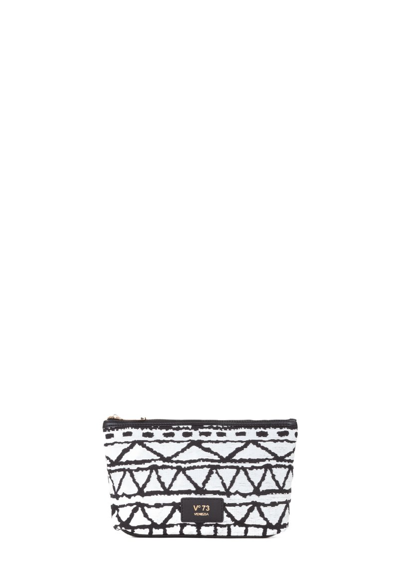 Pochette con zip in bianco e nero con motivo geometrico. Realizzata in tessuto; forma rettangolare con superficie testurizzata e etichetta di marca.