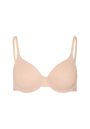 Beige gepolsterter BH mit verstellbaren Trägern, nahtlosen Schalen und einer glatten Textur, entworfen für Komfort und Unterstützung. Klassisches und vielseitiges Design.