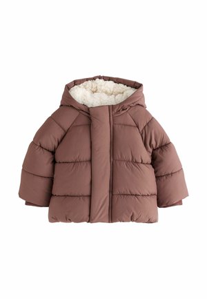 Brun polstret vinterjakke med hætte foret med hvid fleece, lange ærmer og frontlukning, designet til koldt vejr.