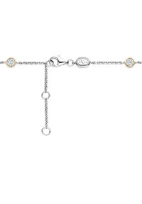 Zilveren kettingarmband met gouden accenten, voorzien van drie kleine ronde heldere stenen en een kreeftsluiting voor het sluiten.