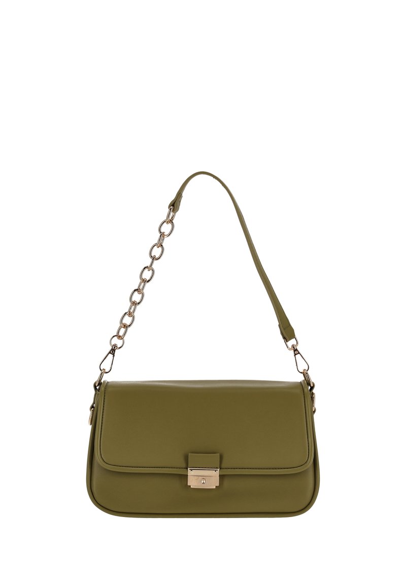 Olívazöld szintetikus kézitáska téglalap alakú, lapos elülső résszel, láncos vállpánttal és aranyszínű kapoccsal díszítve. Sima felület.