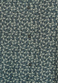 Tessuto a trama con uno sfondo verde-blu, caratterizzato da piccoli motivi floreali bianchi e accenti neri, completato da bottoni scuri.