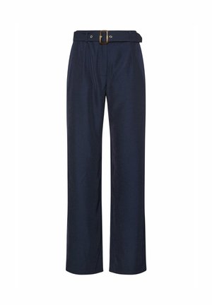 Pantalon taille haute bleu marine à jambes larges avec une ceinture en tissu assortie et une boucle dorée, comportant des plis sur le devant et des poches latérales.