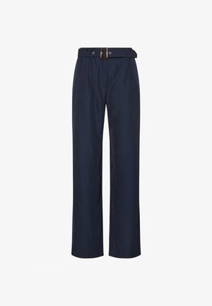 Navy blue high-waist wide-leg trousers with a matching fabric belt and gold buckle, featuring front pleats and side pockets.