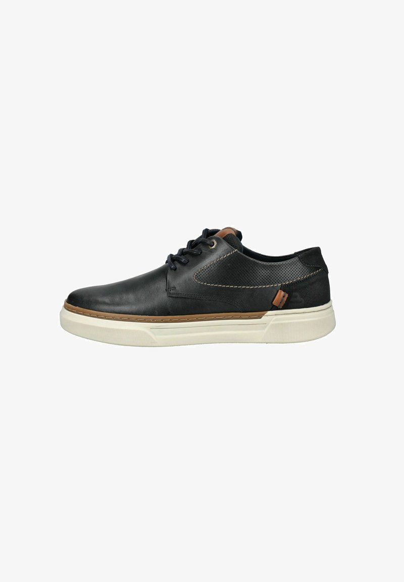 Černé kožené boty s hladkým povrchem, které mají texturovanou panel, béžové akcenty, bílou gumovou podrážku a hnědé detaily na bocích.