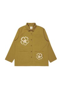 Veste vert olive avec fermeture à boutons, deux poches poitrine et deux poches basses, ornée de broderies florales blanches.